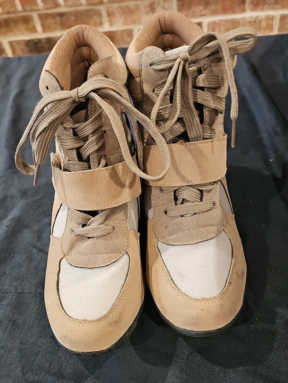 Women’s Tan High-Top Lace-Up Heeled Sneakers with Strap Size 8